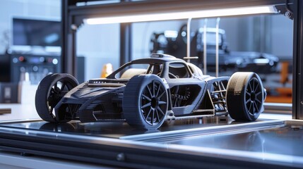 3d printing of the car. A small model of a racing car printed on a 3d printer