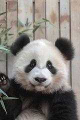 Naklejka premium Panda cub posing against a wooden background with bamboo leaves