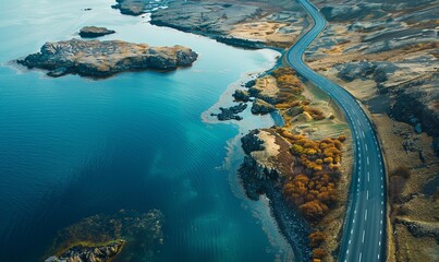 Aerial view of a road driving along the lake coastline with glaciers along the coast