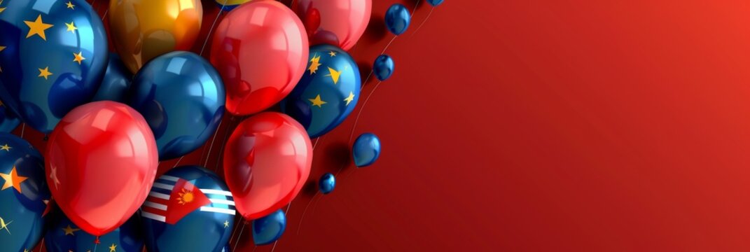 Independence Day of Malaysia. Hari Merdeka Day celebration. Balloons in colors of Malaysian flag on a red background. Horizontal banner. Free space for text, copy space