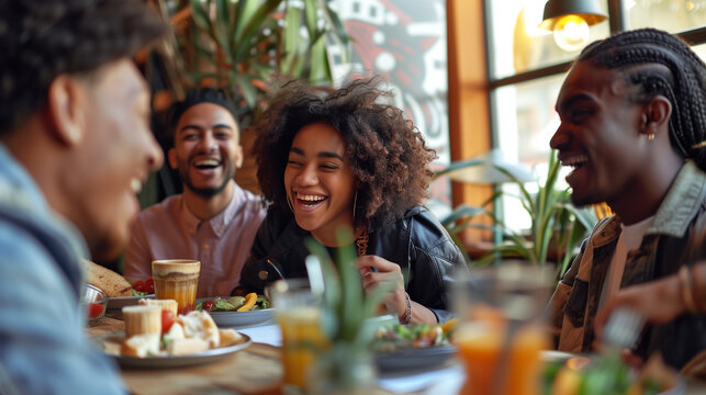 Group of friends are having fun and eating in restaurant