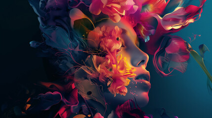 Woman emerging from colorful flowers fantasy portrait