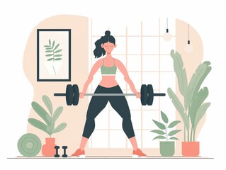 Woman in yoga clothes is exercising in gym In the gym, she was lifting a barbell. There are dumbbells on the ground, airplane illustration, ul illustration, simplicity of white background.