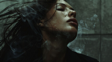 Young woman with wet hair and face surrounded by smoke