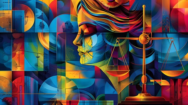 Lady Justice, scales, and gavel portrayed abstractly with geometric shapes and bold colors in modern setting.