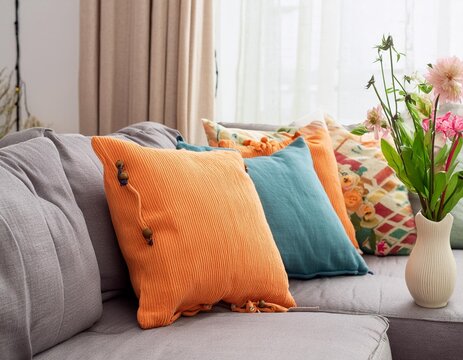  Colorful pillows on a sofa with little vase in foreground, bedroom theme, home decor concept.