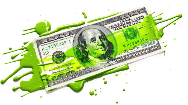 A smear of green paint on a dollar bill. Currency money financial concept. Transparent background or PNG file. - Powered by Adobe