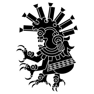Mesoamerican monster from Aztec or Mixtec codex. Ethnic Native American design. Black and white negative silhouette.