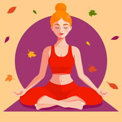 A beautiful red-haired woman meditates in an autumnal park. Vector illustration, flat cartoon. 
