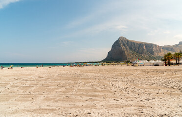 View of the famous beach of the San Vito Lo Capo on mediterranean sea, province of Trapani, Sicily, Italy