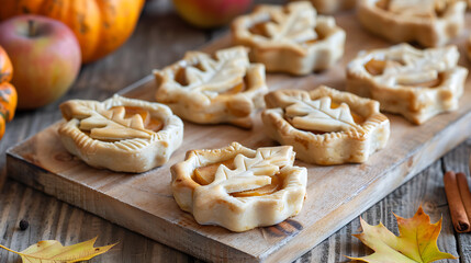 Golden brown mini pies with leaf crust on rustic wooden board, autumnal colors, cozy and delicious, perfect for Thanksgiving. 

