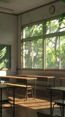 Fototapeta premium A classroom with wooden desks and chairs, two large windows, and palm trees