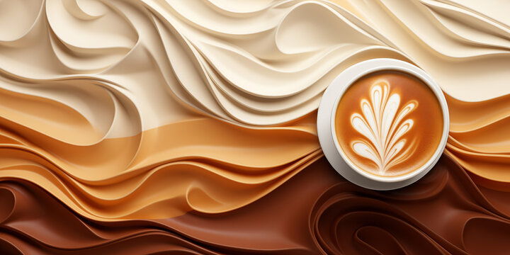 Coffee 3D background in brown tones, a cup with latte art against the backdrop of volumetric waves, top view