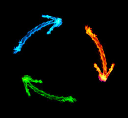 Reduce, reuse, recycle symbol made out of fire flame on black background