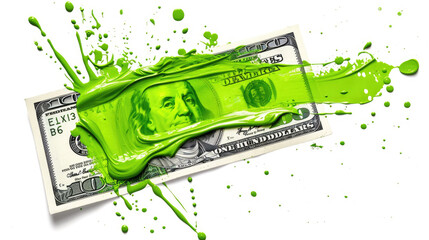 A smear of green paint on a dollar bill. Currency money financial concept. Transparent background or PNG file.