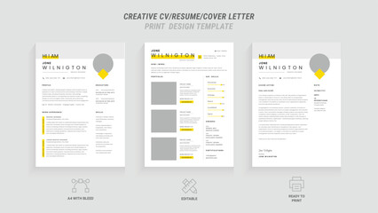 Modern Minimalist CV/Resume Template Two Page Vector Design with Bright Yellow Header - Clean, Stylish, and Professional Layout for Business Job Applications, Cover Letter Included