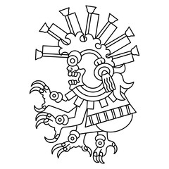 Mesoamerican monster from Aztec or Mixtec codex. Ethnic Native American design. Black and white linear silhouette.