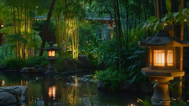 A serene nighttime view of a Japanese garden, featuring a pond, lanterns, and lush greenery.