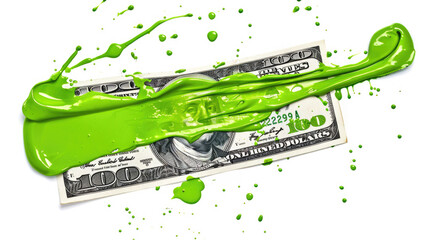 A smear of green paint on a dollar bill. Currency money financial concept. Transparent background or PNG file.
