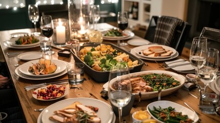 Obraz premium A table set for lunch outdoors with grilled meat salad, cucumbers, and other dishes, surrounded by lush greenery