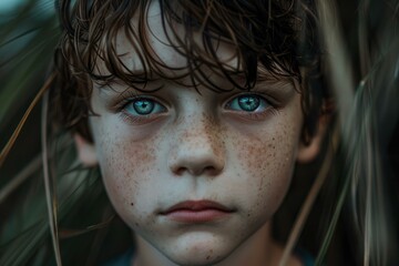 Young boy with striking blue eyes and freckles is surrounded by nature