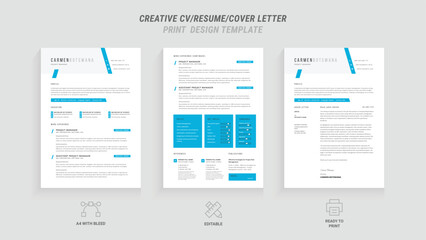 Professional Resume and Cover Letter Template Set, Clean Minimalist Design with Turquoise and Blue Border, Perfect for Job Applications and Portfolios, Includes Resume Layout and Letterhead Design