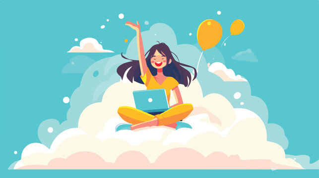 An asian happy woman with raised hands sitting on a coud