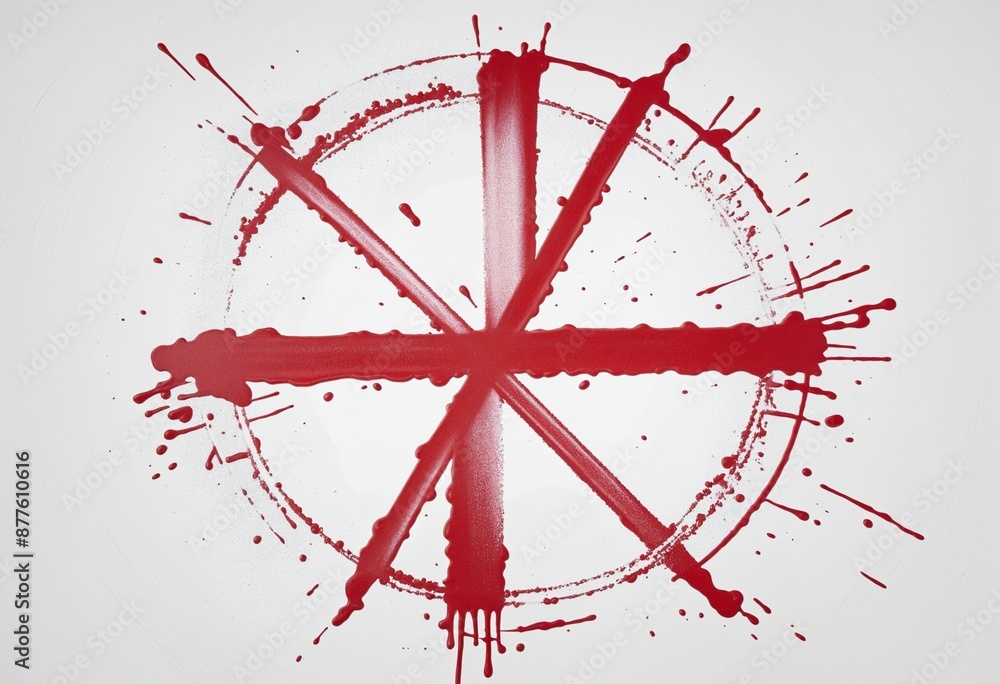 Poster abstract red graffiti circle against empty white background with dripping spray paint, creating a ha