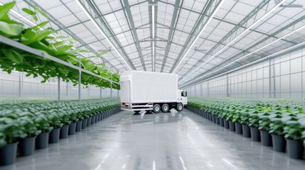 A large, white, all-terrain vehicle drives down a path in a modern greenhouse, surrounded by rows of green plants