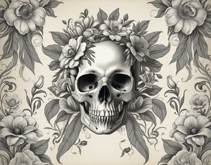 Fototapeta premium Vintage Halloween Graphic: Black Skull and Floral Art Illustration