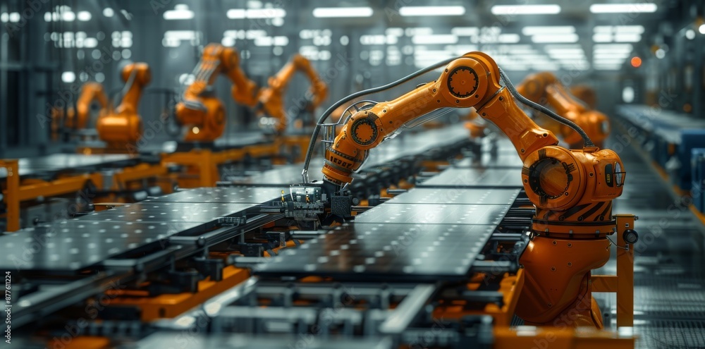 Poster robotic arms at work on a high-tech factory floor with advanced automation