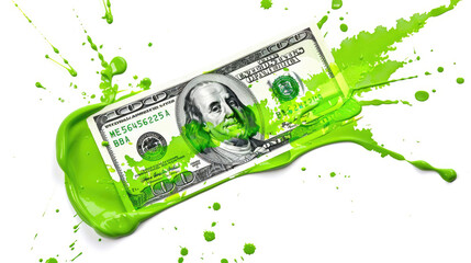 A smear of green paint on a dollar bill. Currency money financial concept. Transparent background or PNG file.