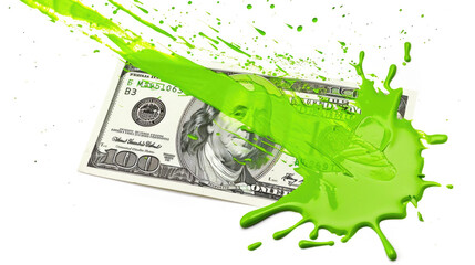 A smear of green paint on a dollar bill. Currency money financial concept. Transparent background or PNG file.