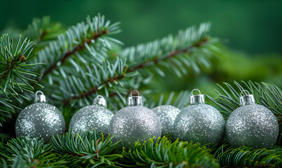 Elegant New Year's concept with New Year's silver balls and fir branches. Close up Christmas decorations. 