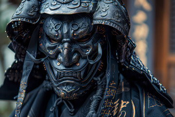 Shadowy Kanji Fusion: Intricate Biomechanical Devil Mask with Carbon Plated Details and Moody Lighting