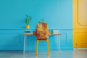 Back to School Bliss: Organized Desk Setup with Chair and Backpack on Blue Background