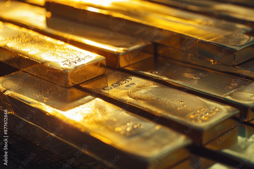 Poster a photo of multiple gold bars stacked on top of each other, ideal for use in financial or business c