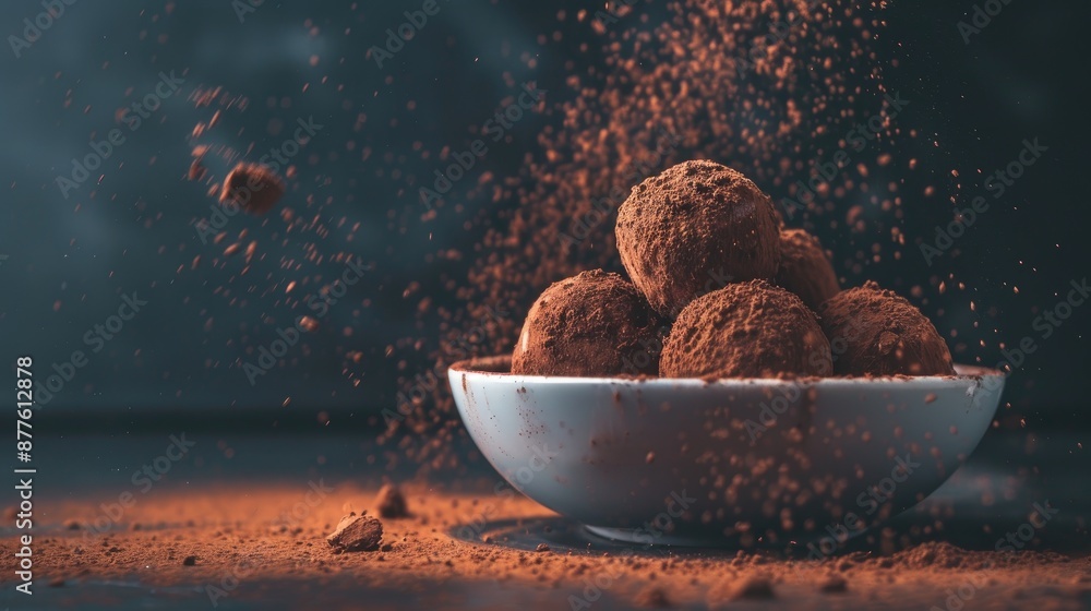 Poster chocolate truffle dusted with cocoa under soft light on dark background