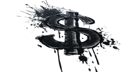 Black spray stain in shape dollar symbol isolated on white background, photo with clipping path