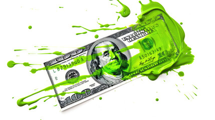 A smear of green paint on a dollar bill. Currency money financial concept. Transparent background or PNG file.