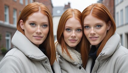 Identical redhead twin sisters with long, ginger hair posing together in stylish winter coats for a closeup portrait outdoors