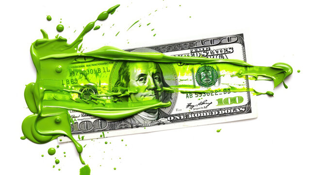 A smear of green paint on a dollar bill. Currency money financial concept. Transparent background or PNG file. - Powered by Adobe