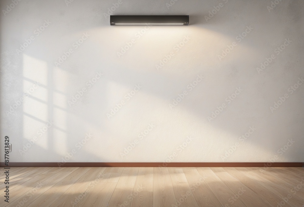 Poster sunlight streaming through the window illuminates the clean, empty space with a minimalist design, s