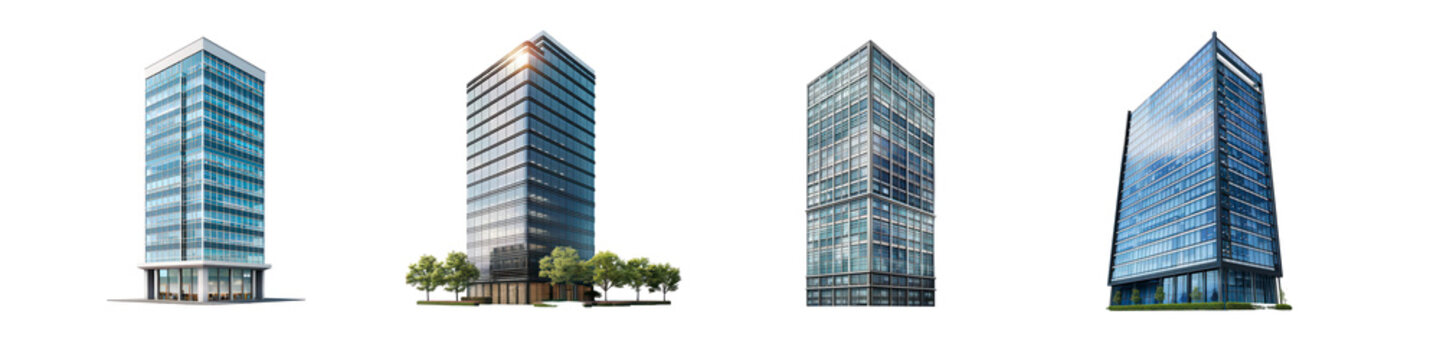 Set of Tall office building realistic image isolated on transparent background