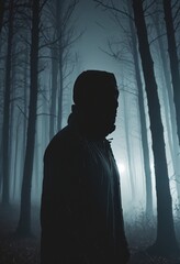 Eerie backview silhouette of a man in the haunted forest at night