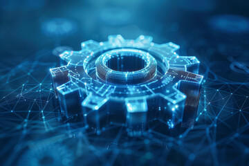 Fototapeta premium 3D Gear Wireframe: Symbolizing Mechanical Technology and Industry Development on a Dark Blue Background