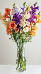 Naklejka premium Vase with flowers: Freesia, white background.