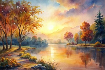 Fototapeta premium Golden hour reflections on a serene autumn lake