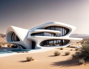 Obraz premium Futuristic desert house with curved white walls and floor-to-ceiling windows, featuring a rectangular pool and a large deck.
