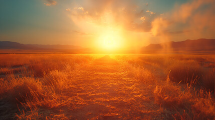 Dry land with the sunset. The Earth and sky on the sunset. 